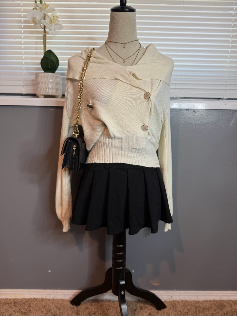 Ivory Asymmetrical Foldover Collar Sweater Small Gold Button Preppy Coquette